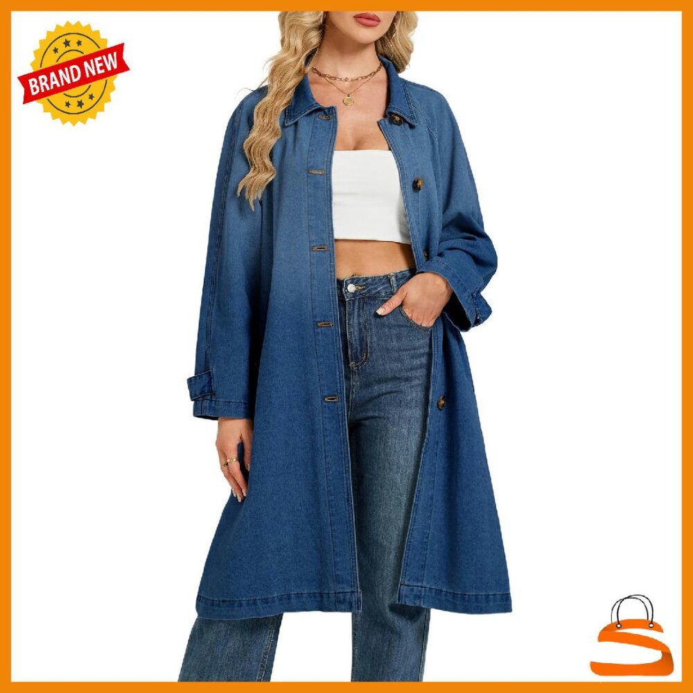 Oversized Denim Trench Coat Midi Length Casual Jacket Women's - Picture 1 of 8